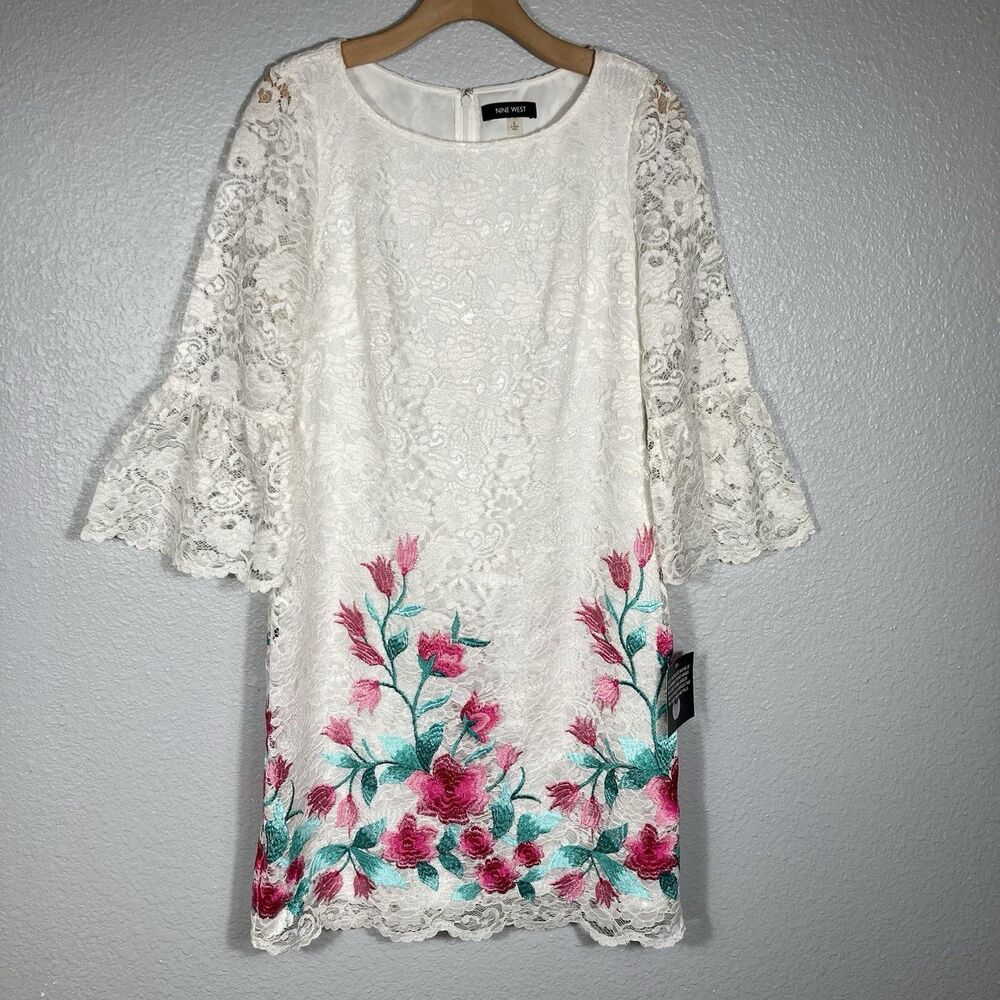 Ivory White Floral Lace Dress Womens  8 Embroidered Bell Sleeve Wedding Easter